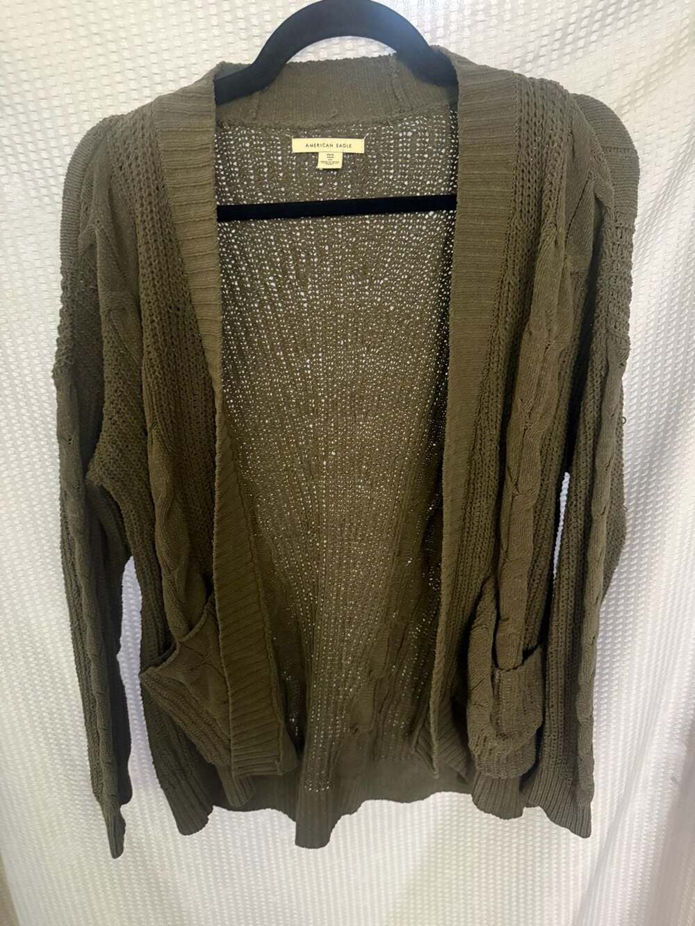 American Eagle Olive Green Cable Knit Open Front Cardigan Size XS/S - Picture 1 of 3